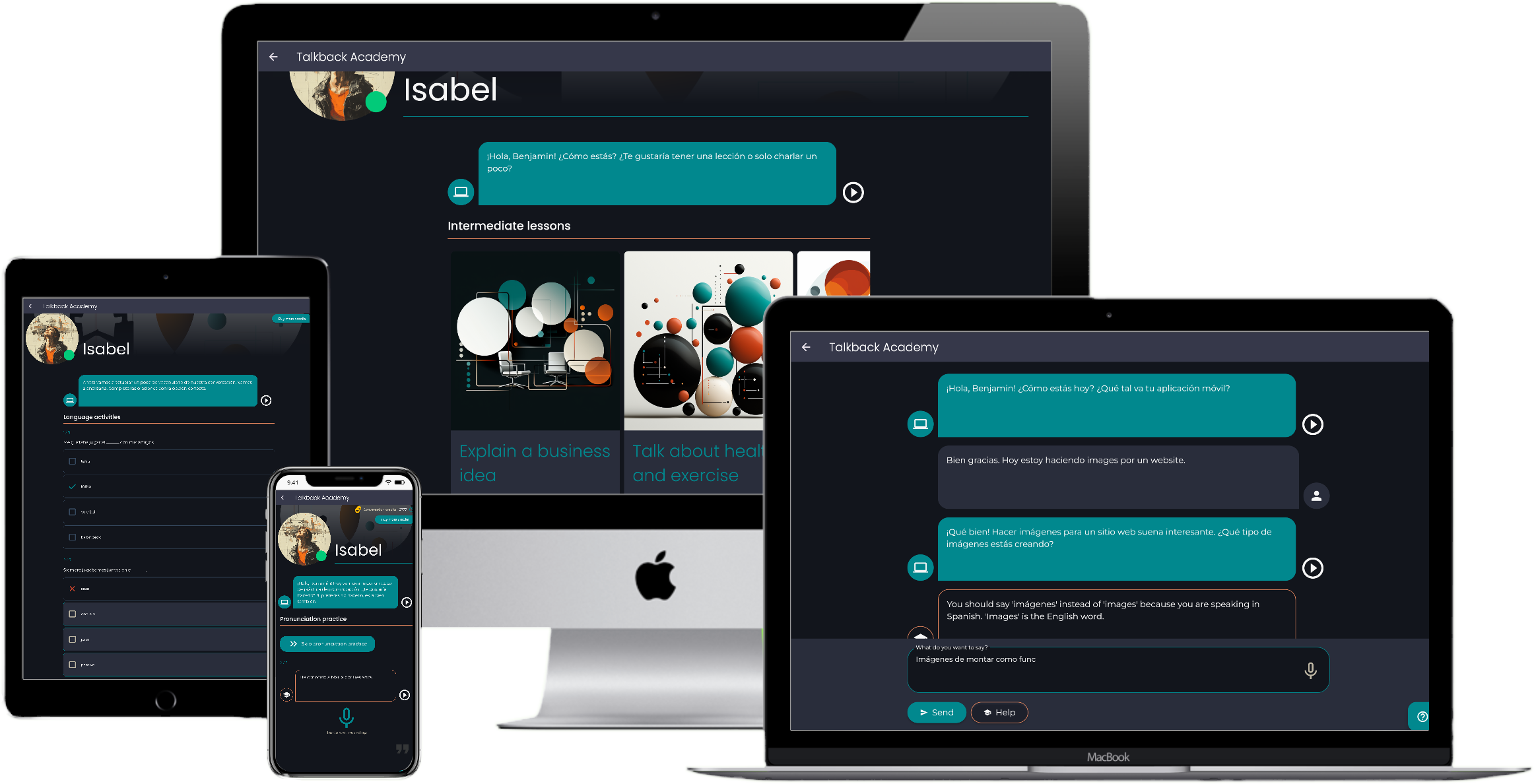 Mockups of the Talkback Academy app in different devices.